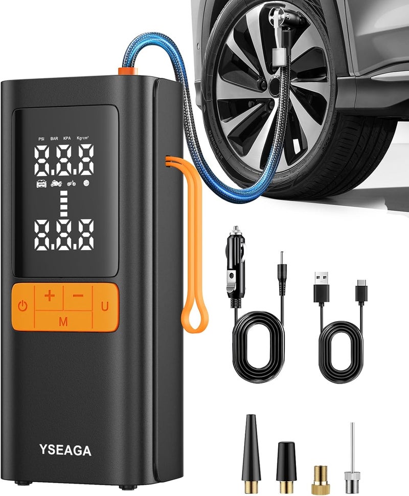 YSEAGA ضاغط هواء محمول لتضخيم الإطارات، أسرع 5 مرات 150 PSI مضخة هواء لإطارات السيارات للنفخ، 12 فولت DC ضاغط هواء لاسلكي مع مقياس ضغط رقمي/ضوء LED، للسيارات/الدراجات النارية/الدراجات/الكرات - Image 1